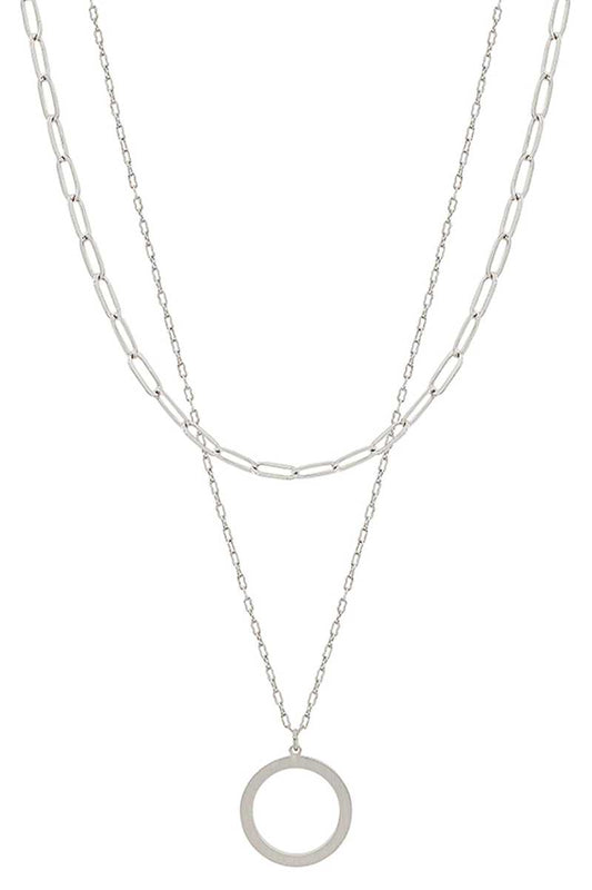 2 Layered Metal Chain Round Pendant Necklace