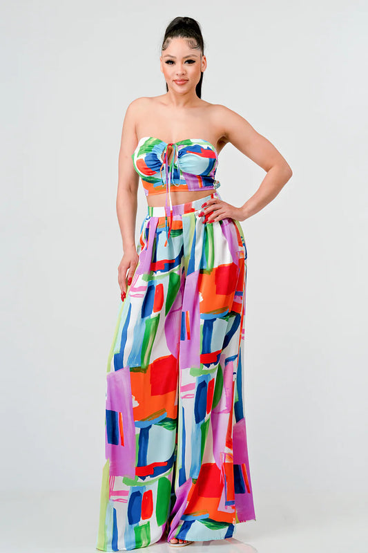 Satin geo print bustier top and palazzo pants sets