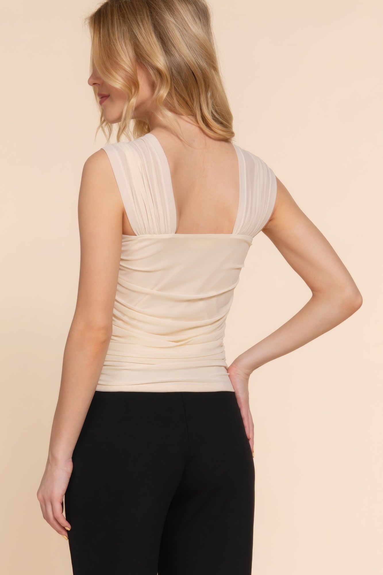 Straight Neck Ruched Mesh Top