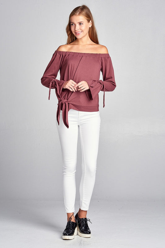 Ladies fashion off the shoulder tie-front french terry top