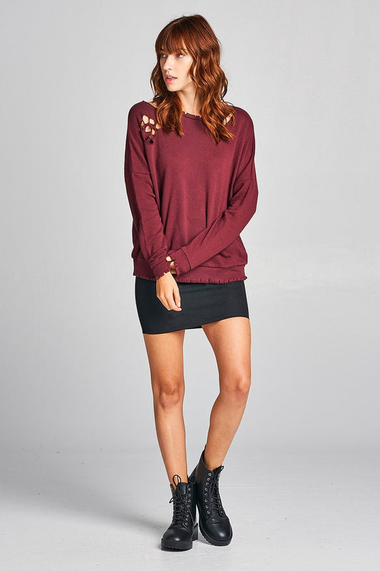 Ladies fshion long sleeve distressed solid french terry top