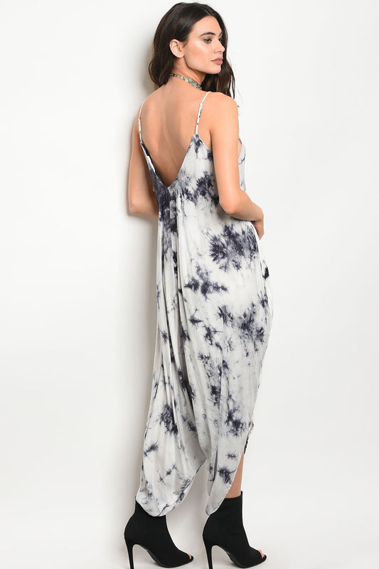 Ladies fashion sleeveless tie dye print relaxed fit jumpsuit with a v- neckline