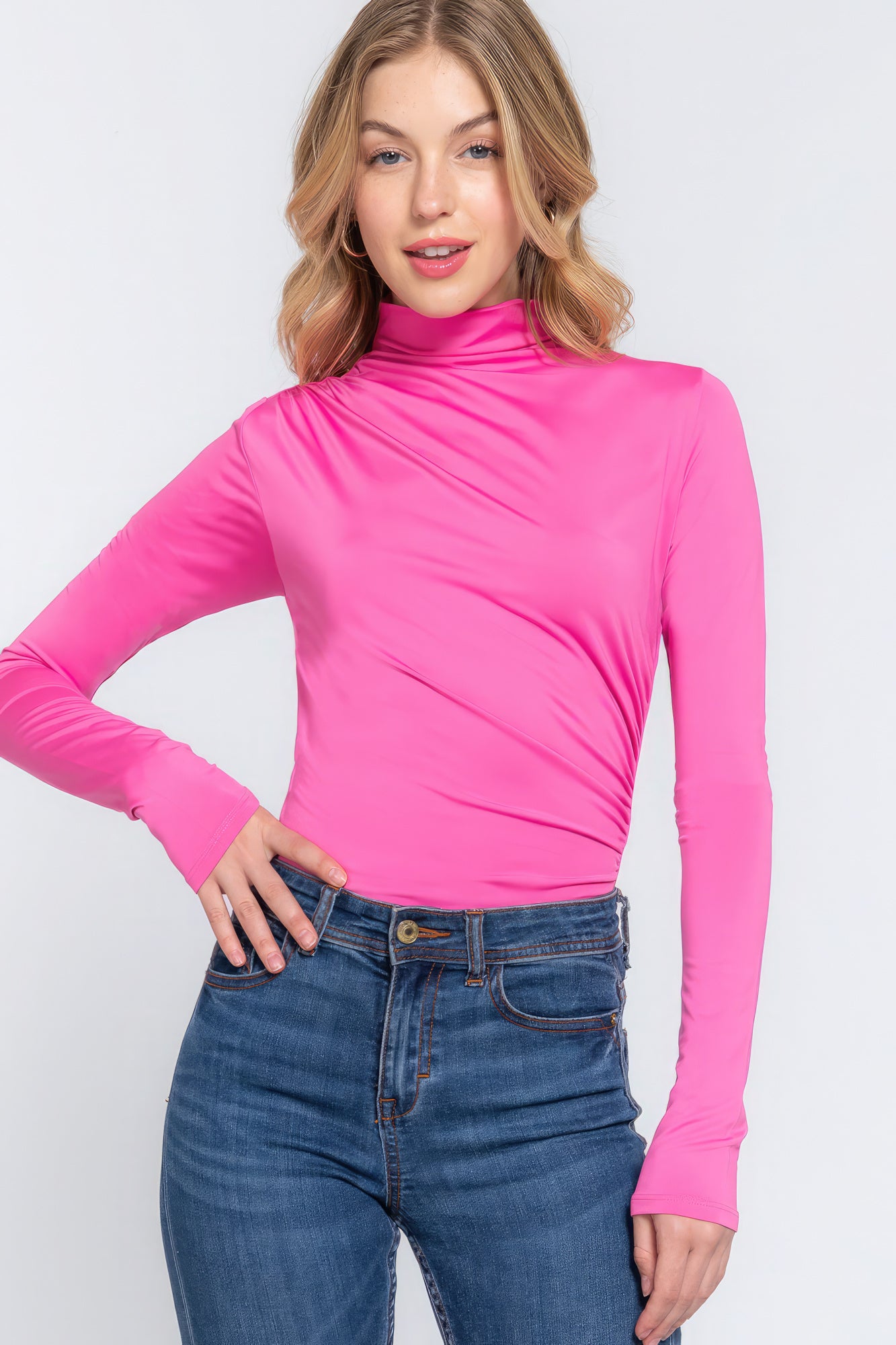 Long Sleeve High Neck Shirring Detail Ity Knit Bodysuit