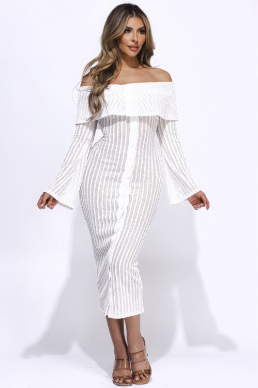 Ruffled Fabric Off Shoulder Midi Dress With Flared Sleeve