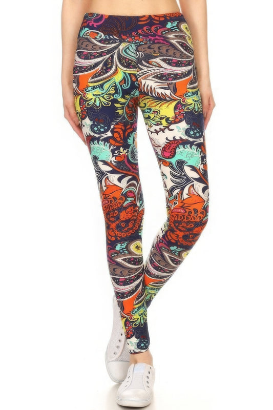 Yoga Style Banded Lined Multicolored Mixed Paisley Print, Full Length Leggings