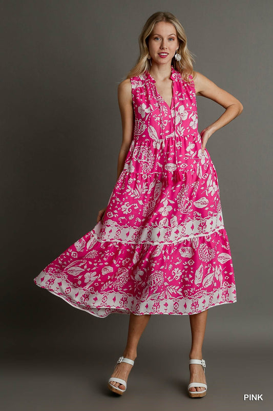 Two Tone Floral Paisley Sleeveless Midi Dress