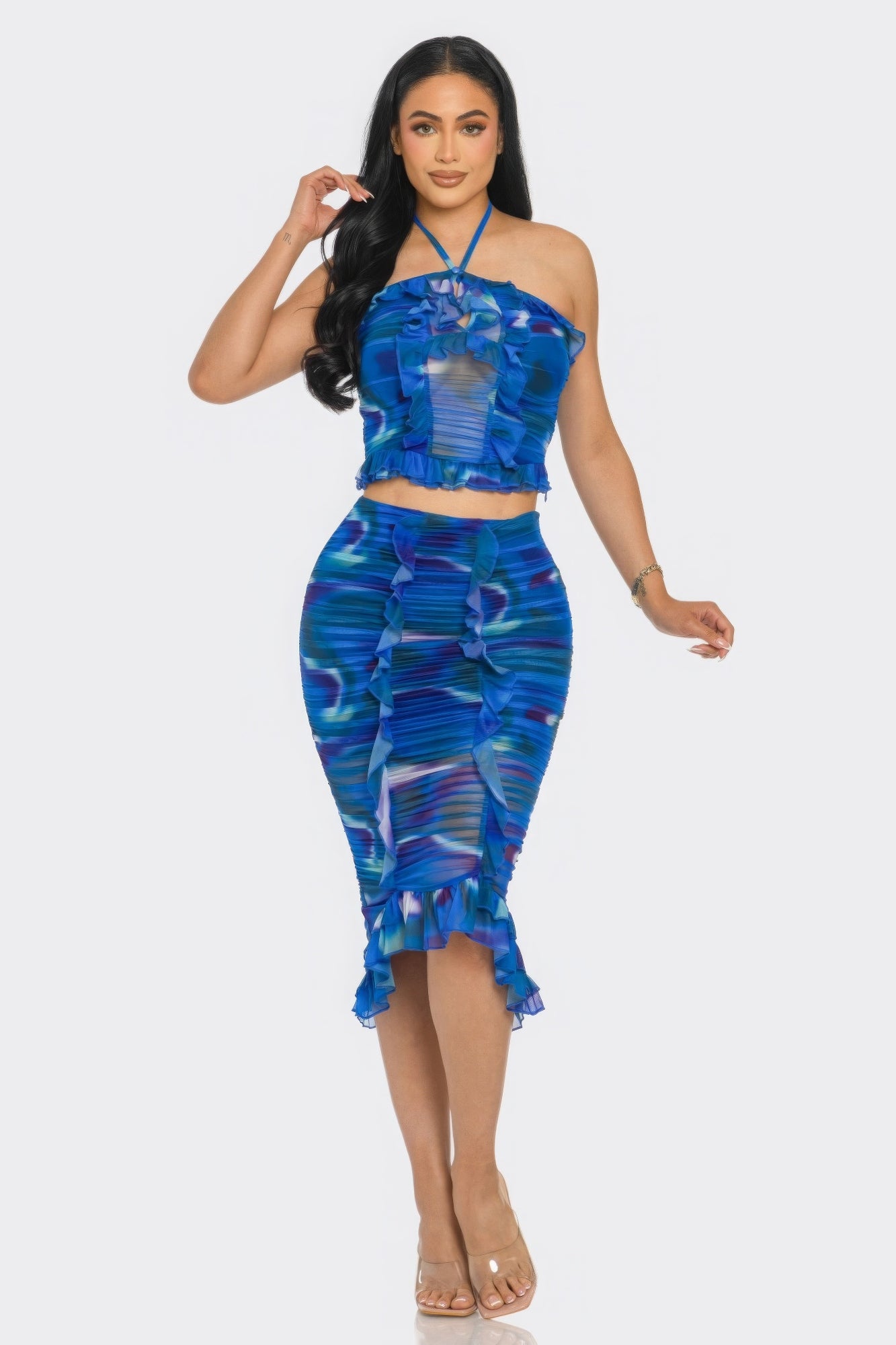 Tropical Waters Print Mesh Ruffle Halter Skirt Set