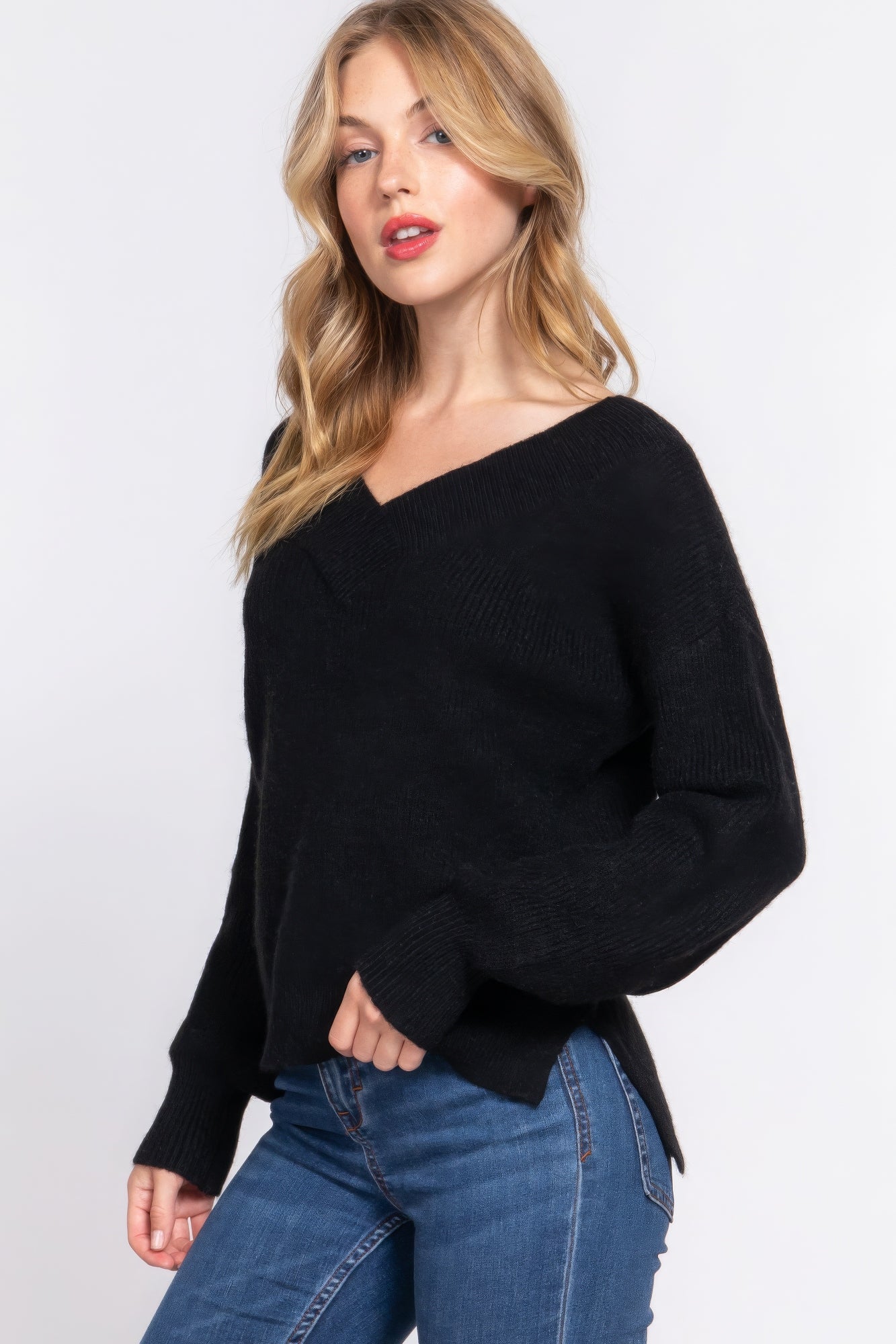 Long Slv Double V-neck Sweater