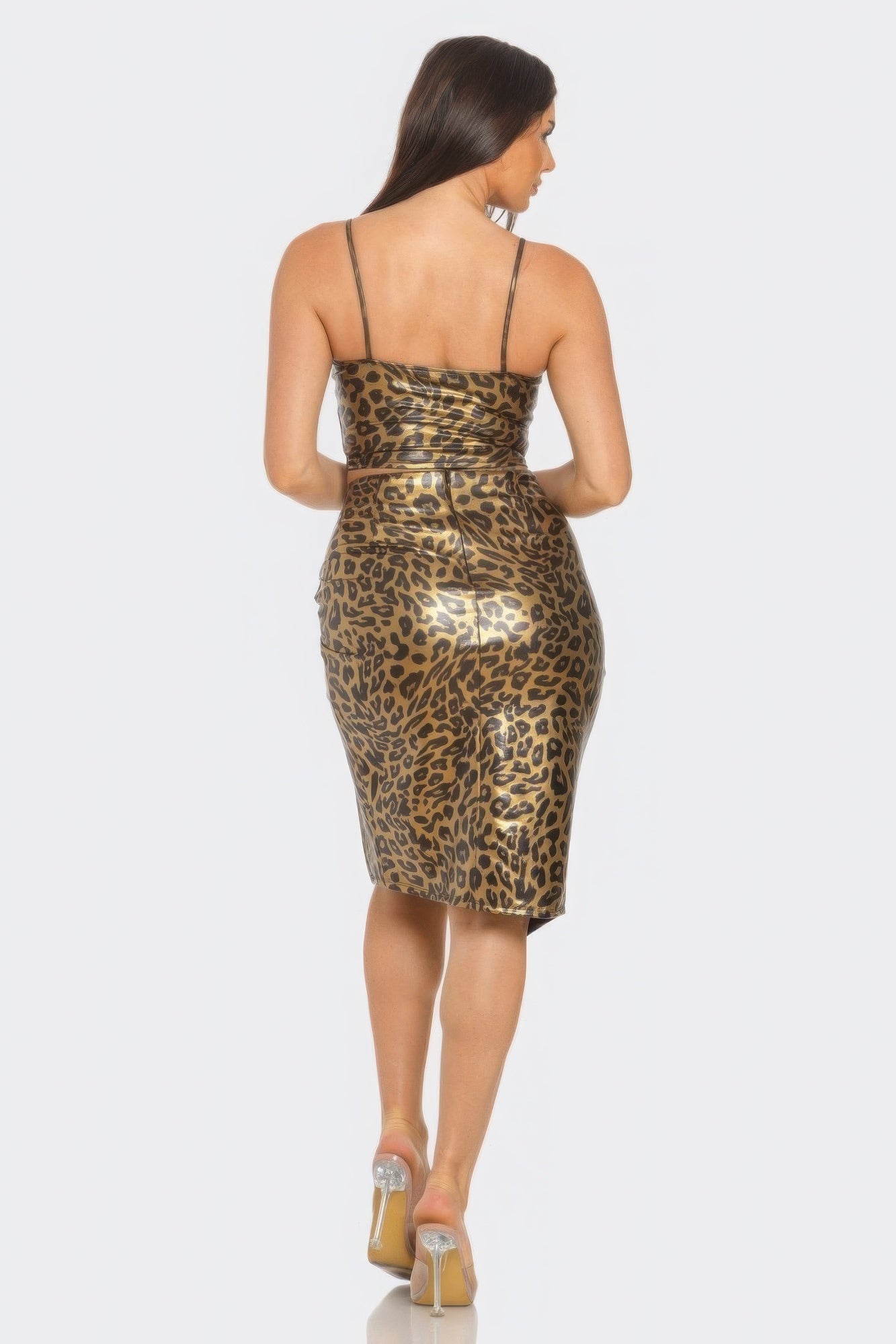 Pu Cheetah Print Top & Front Wrap Slit Skirt Set