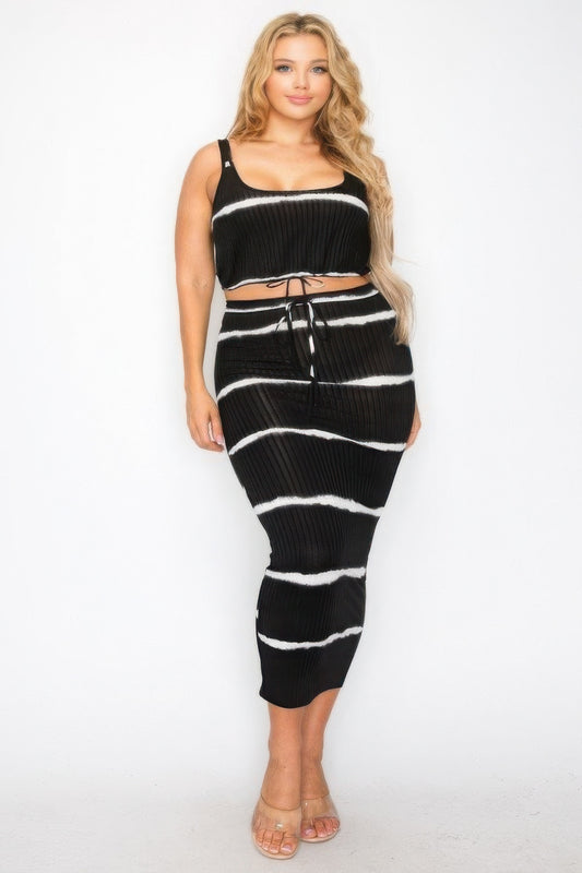 Plus sleeveless tie dye stripe 2 piece skirt set