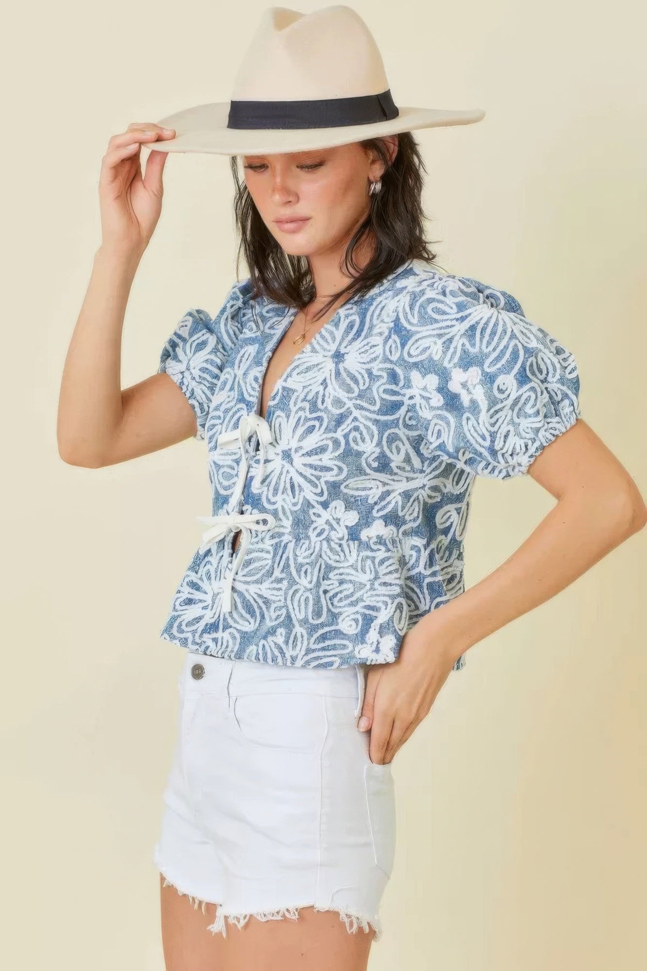 Denim Embroidered Crop Top With Front Tie Detail