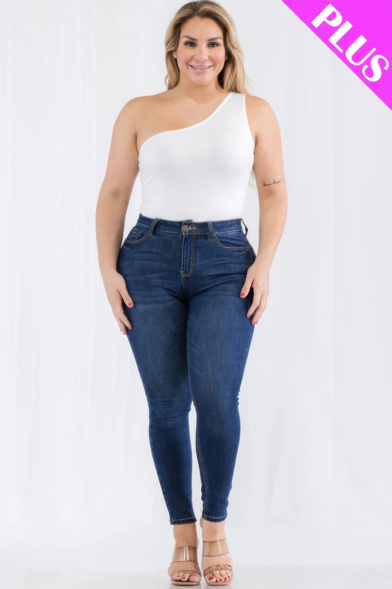 Plus size one shoulder solid casual bodysuit