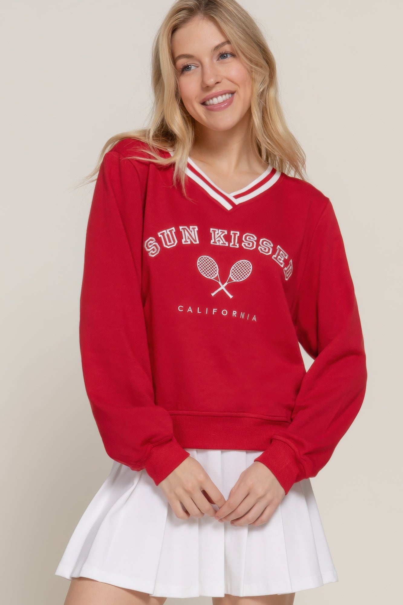 Long slv v-neck embroidered sweatshirt