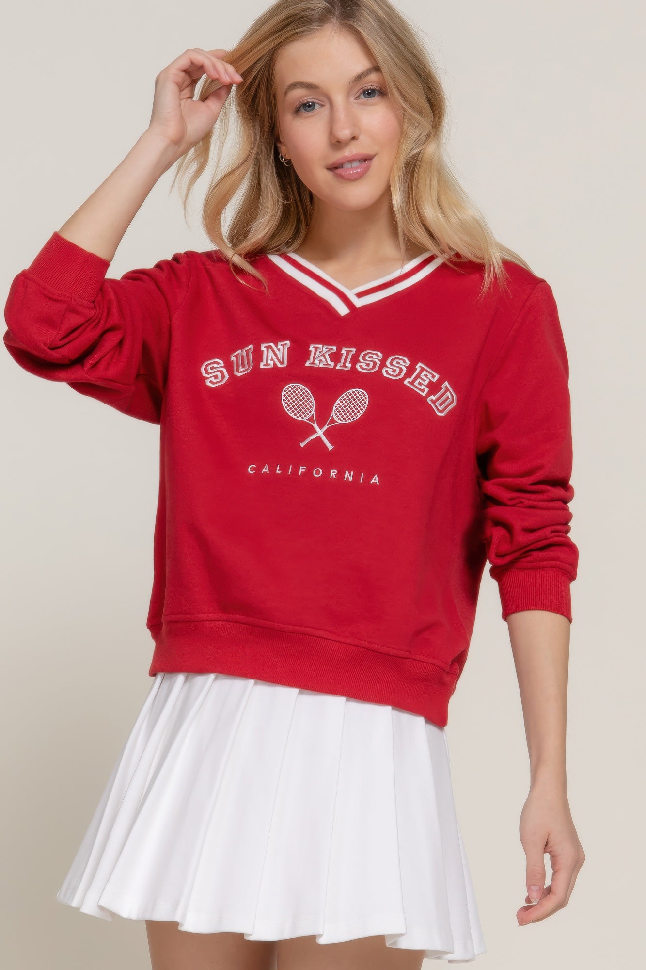 Long slv v-neck embroidered sweatshirt