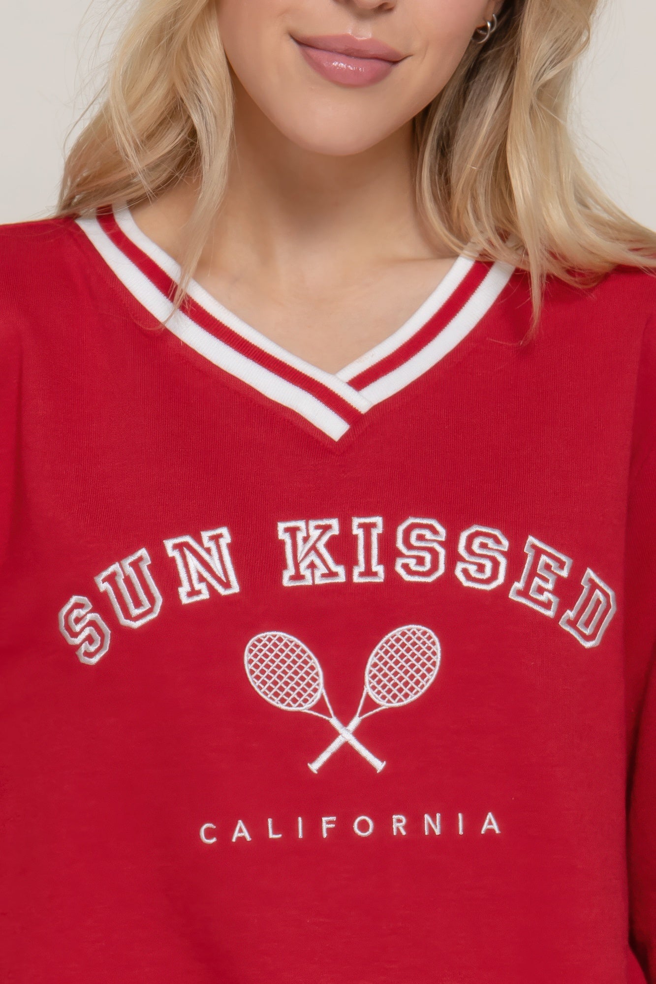 Long slv v-neck embroidered sweatshirt