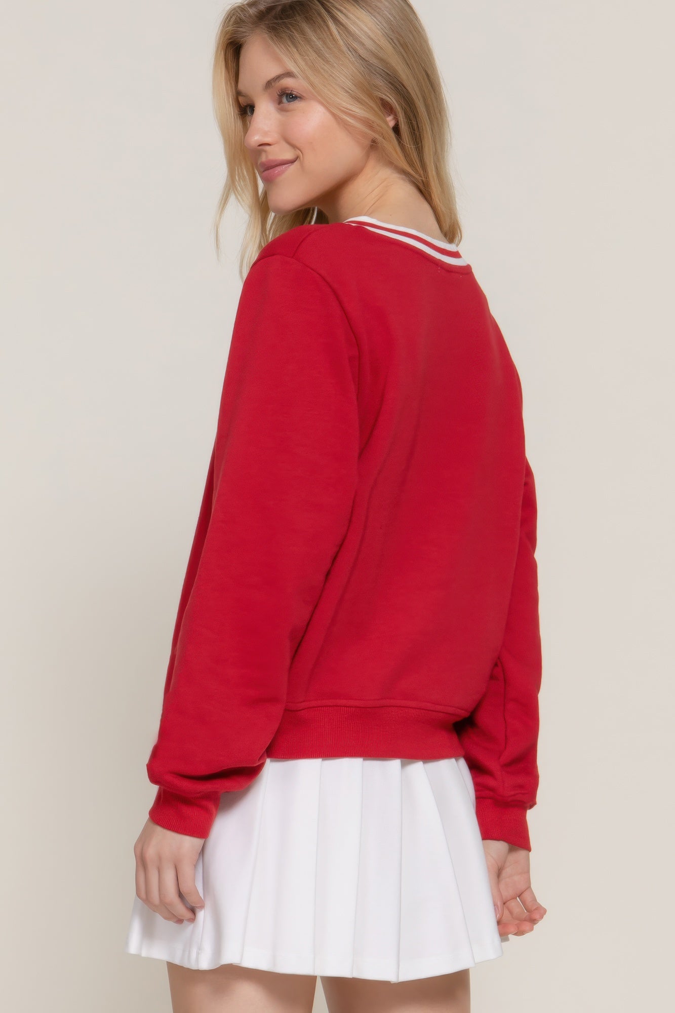 Long slv v-neck embroidered sweatshirt