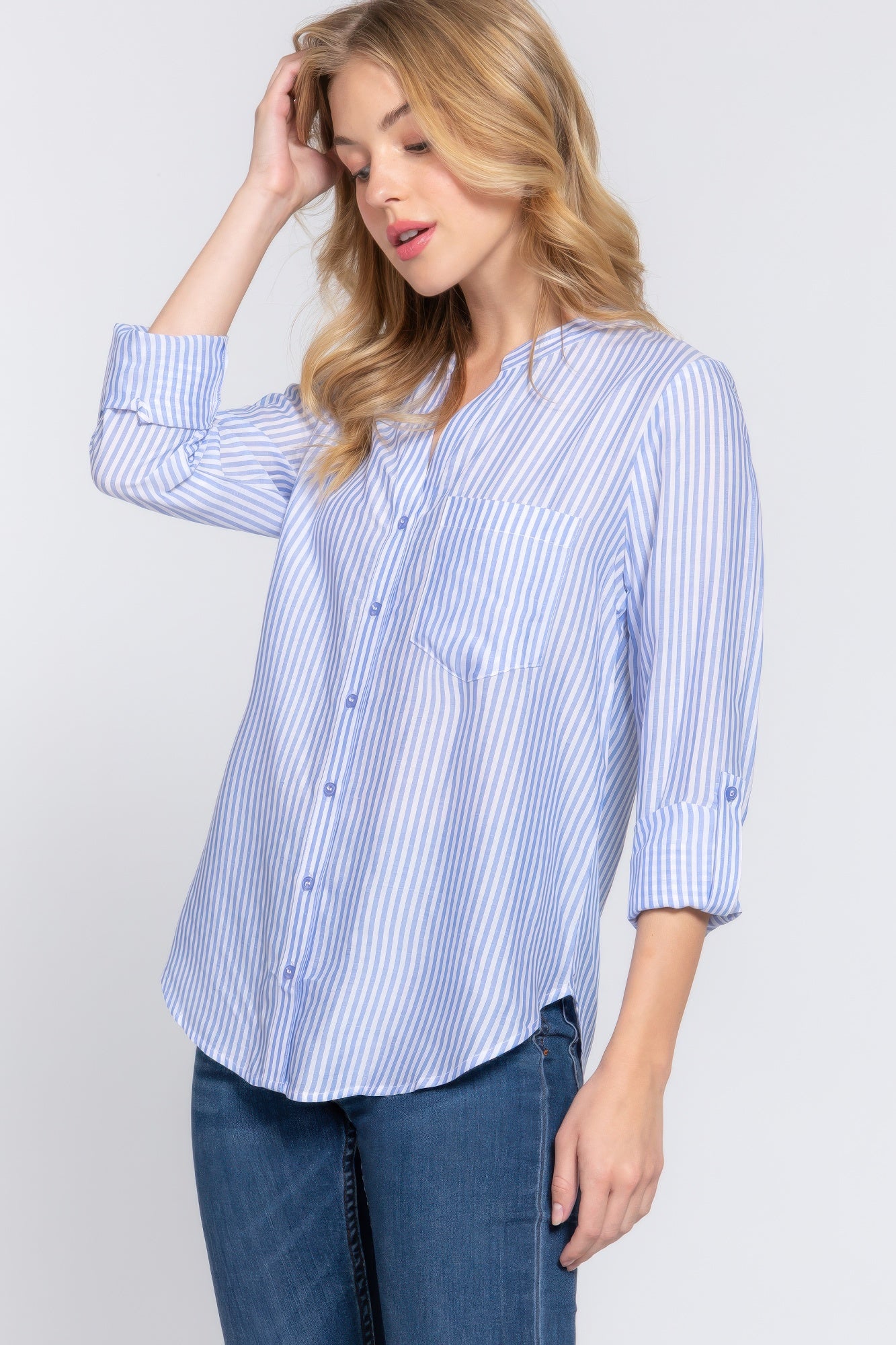 Long Slv Split Round Neck Stripe Woven Shirt