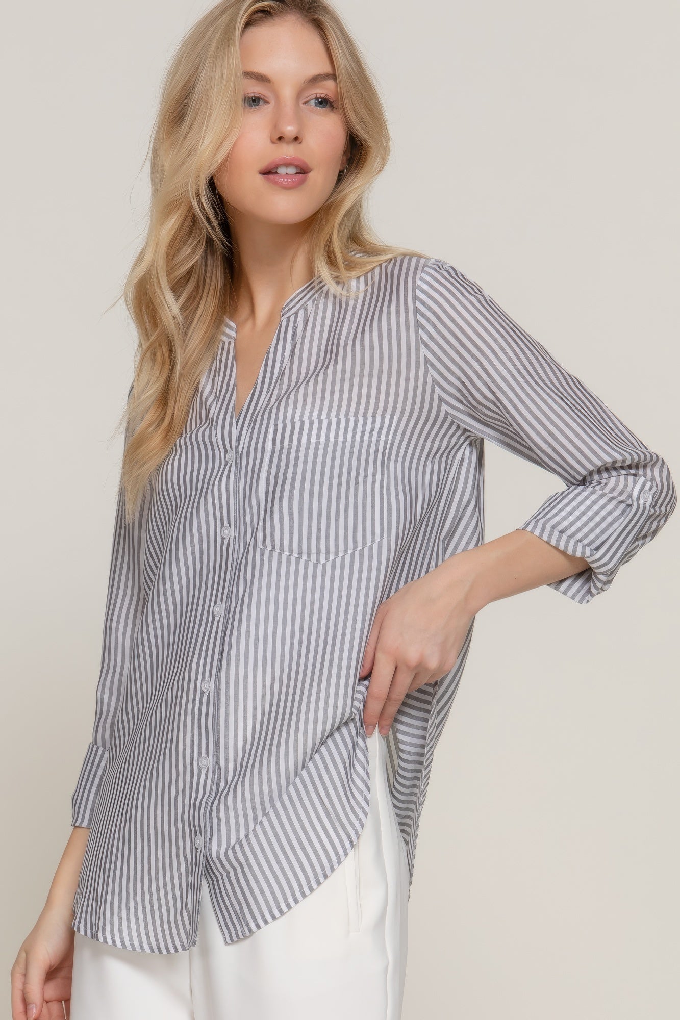 Long Slv Split Round Neck Stripe Woven Shirt