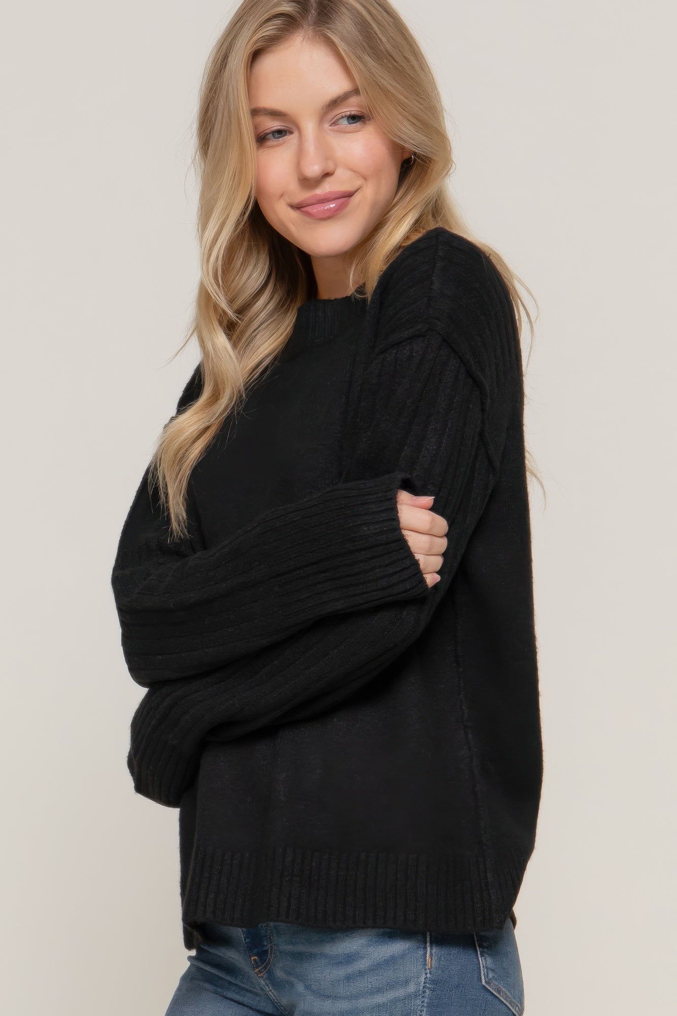 Long Slv Mock Neck Raised Seam Sweater