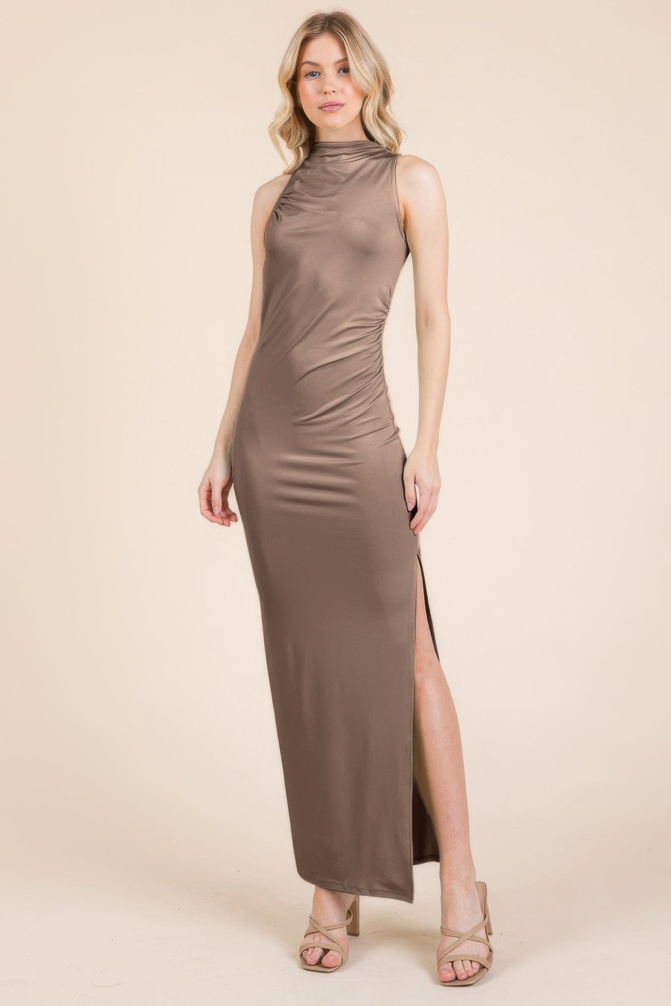 Back Cut Out Side Shirring Side Slit Maxi Dress