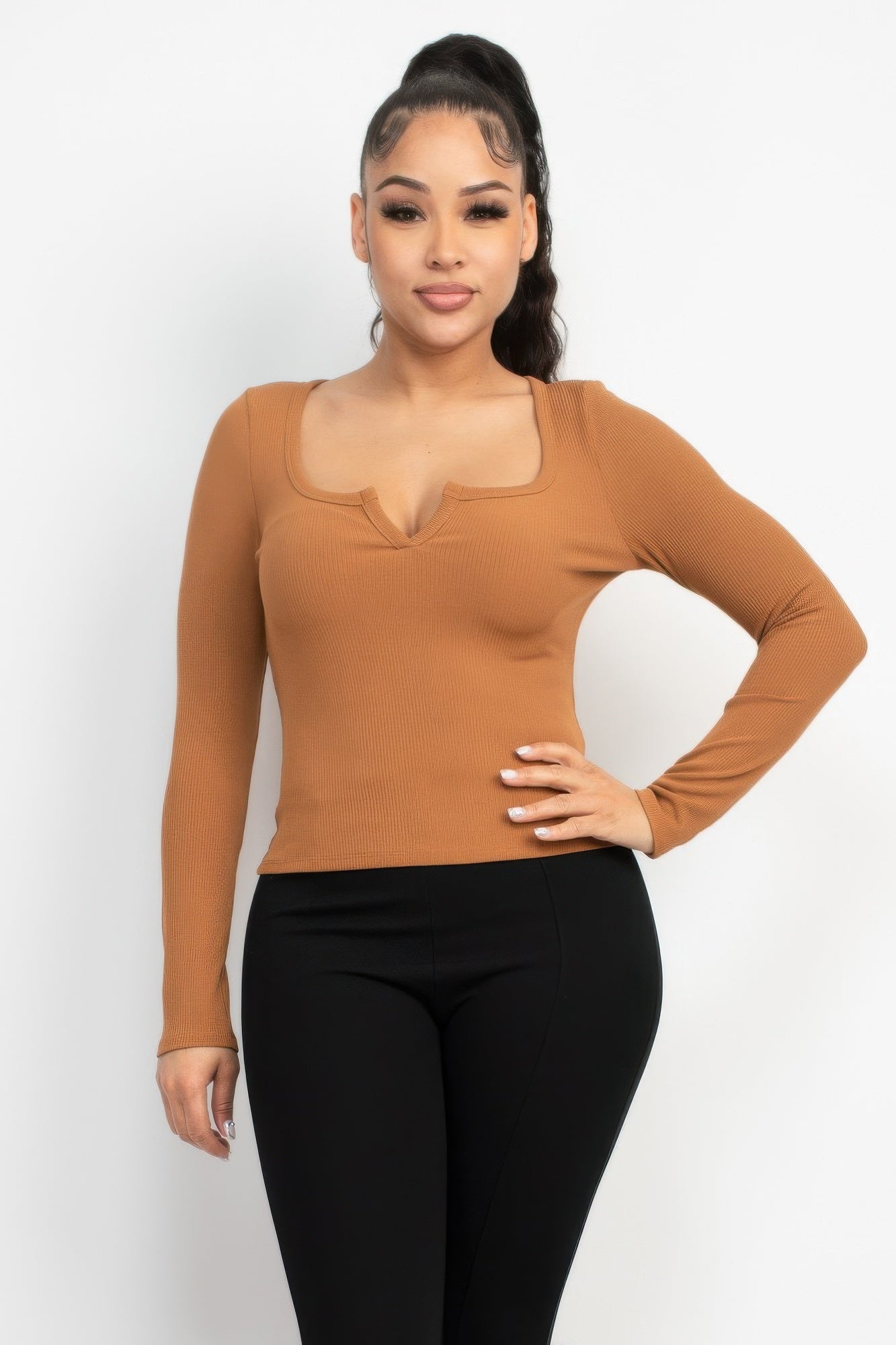 Solid V-collared Neck Top