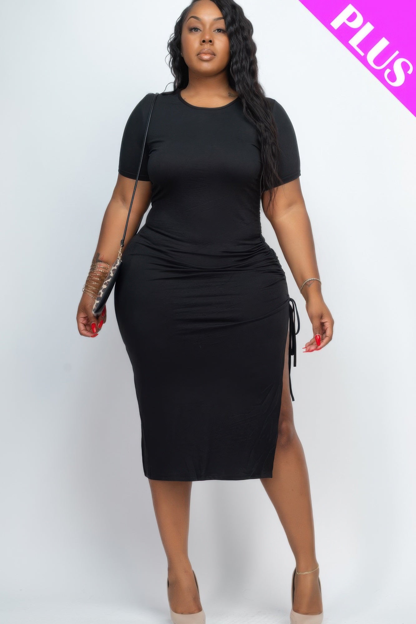 Plus Size Drawstring Ruched Side Split Hem Midi Dress