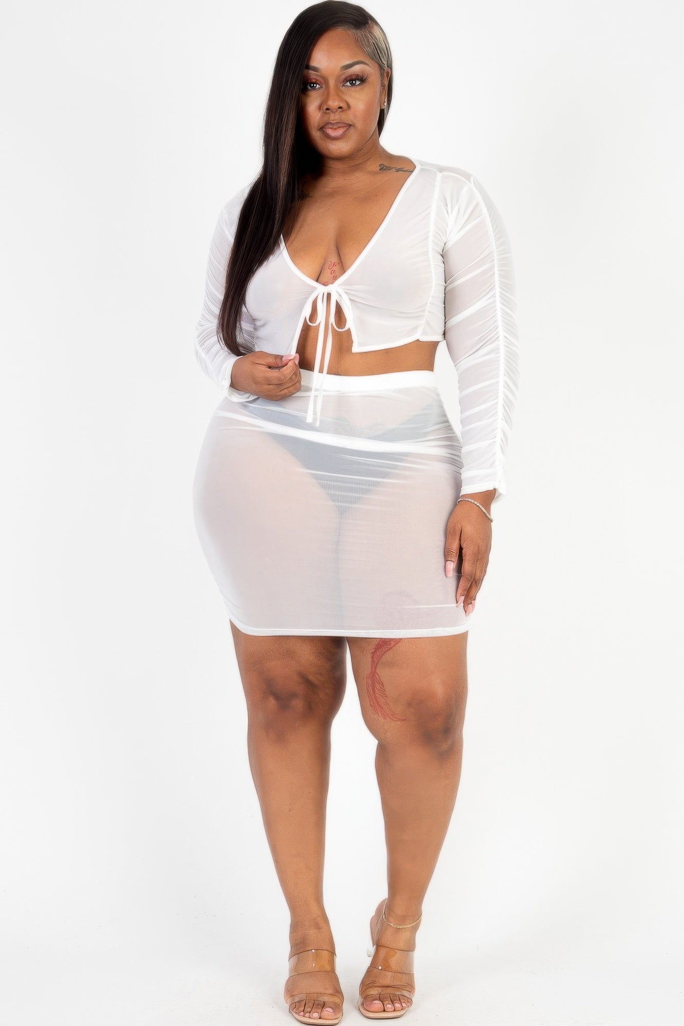 Plus Size Sheer Mesh Tie Front Crop Top & Ruched Side Mini Dress