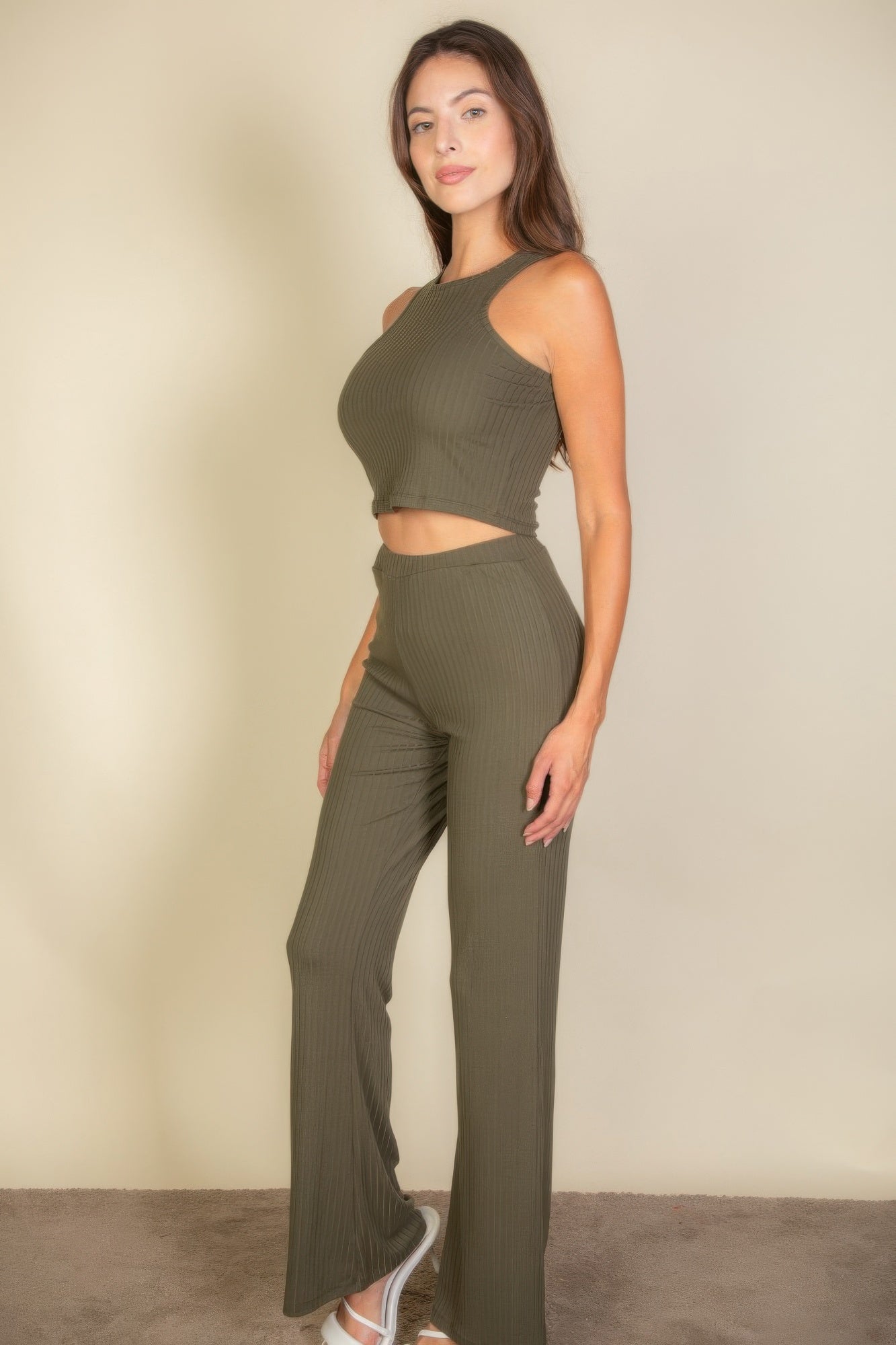 Ribbed Cropped Top And Bootcut Pants Sets