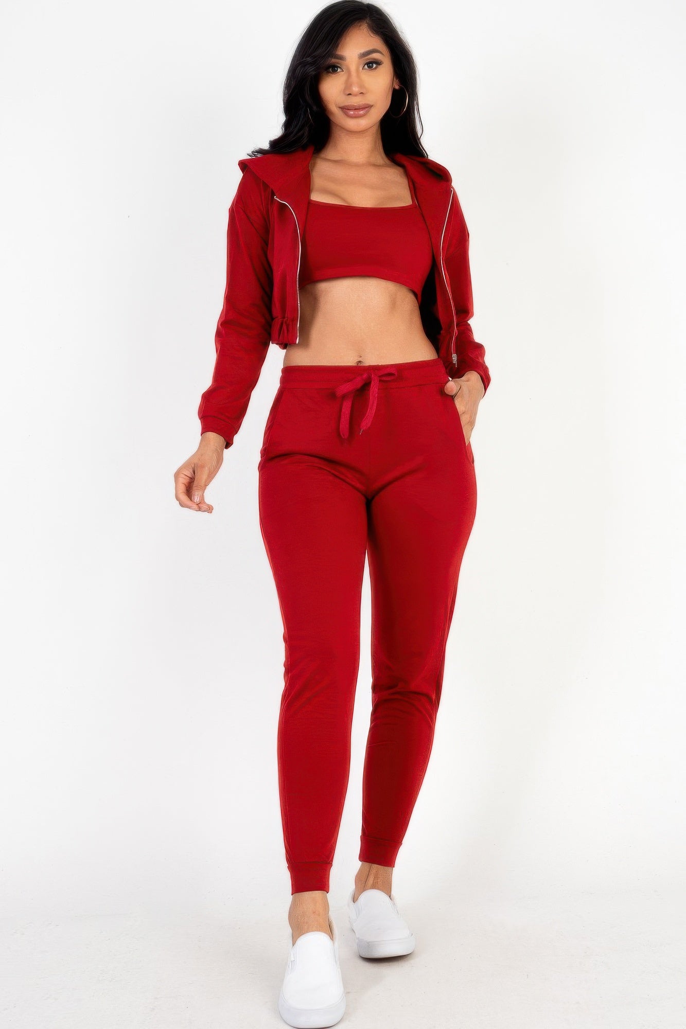 French Terry Cropped Cami With Zip-up Jacket And Joggers Set