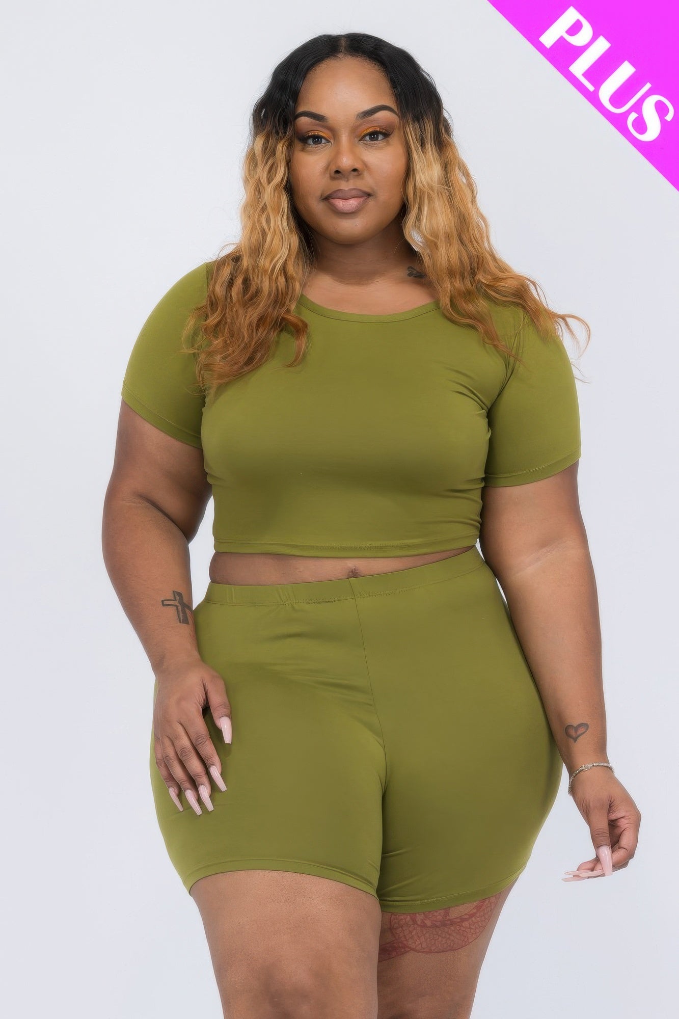 Plus Size Short Sleeve Crop Top & Shorts Set