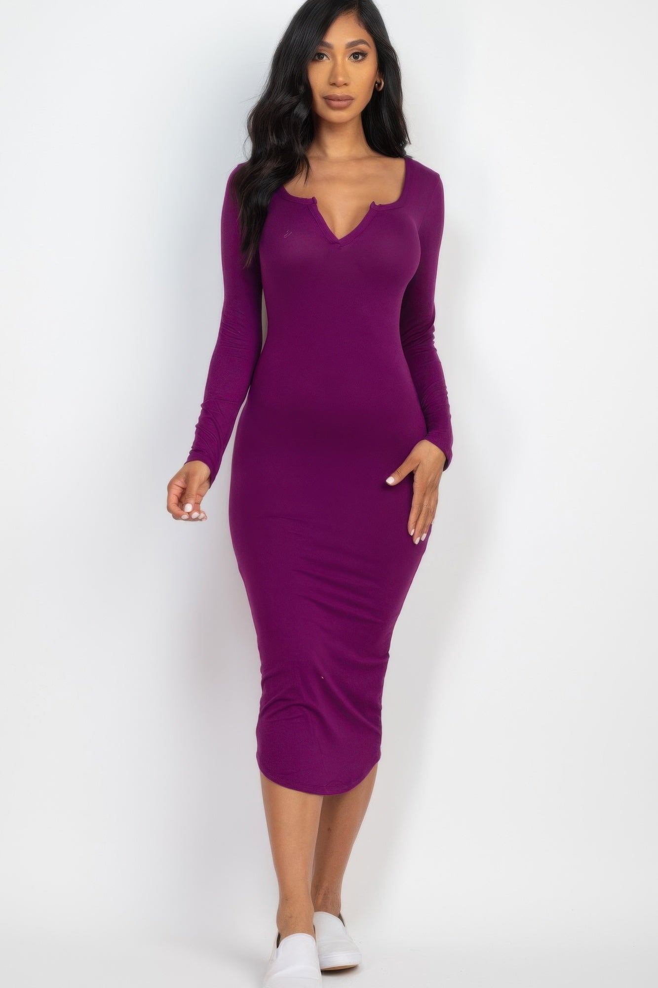 Split Neck Long Sleeve Midi Dress