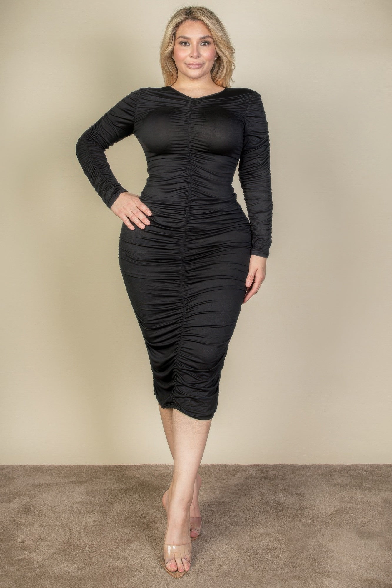 Plus Size Ruched Long Sleeve Midi Dress