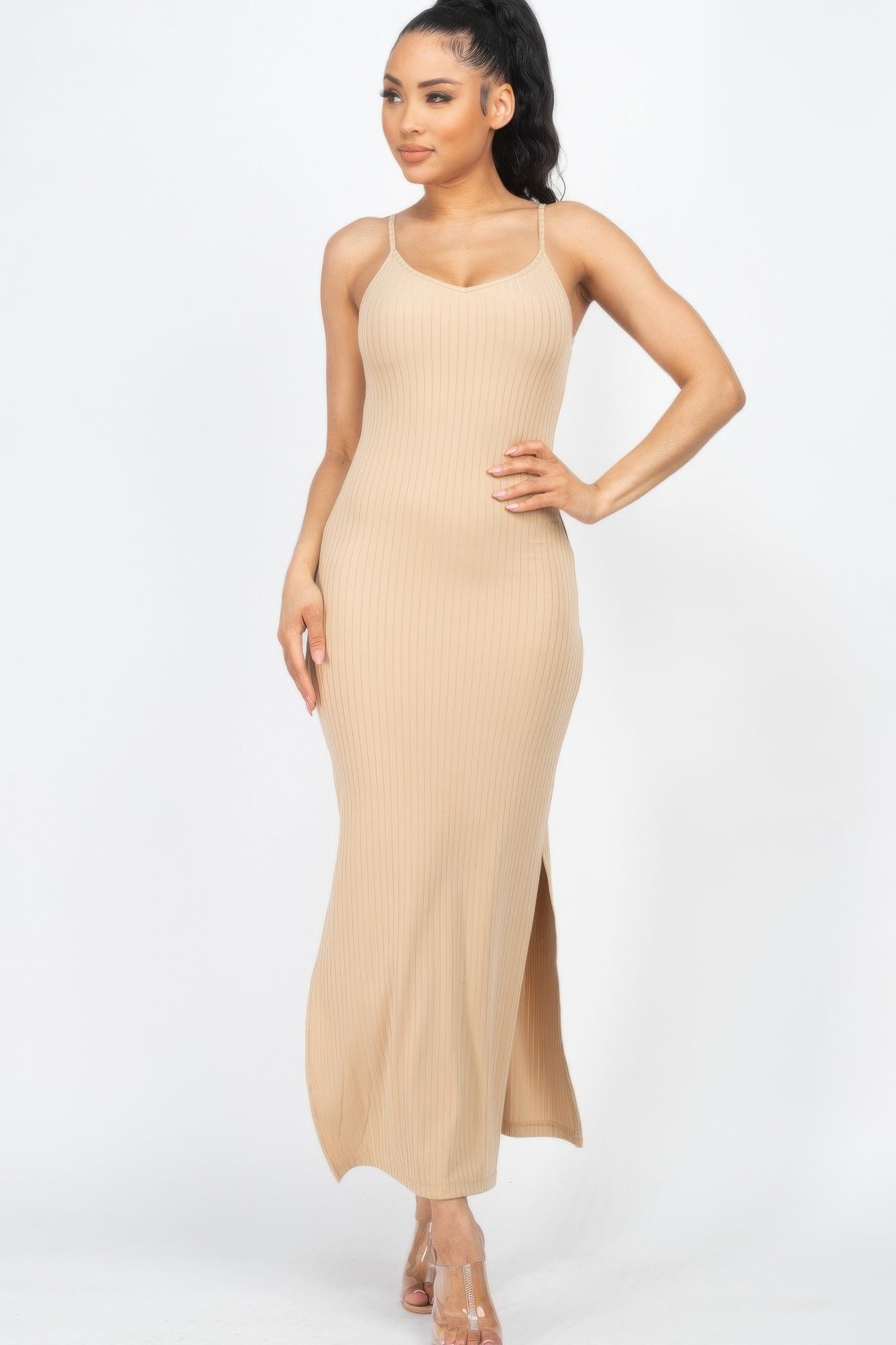 Ribbed Side Slit Long Cami Dress