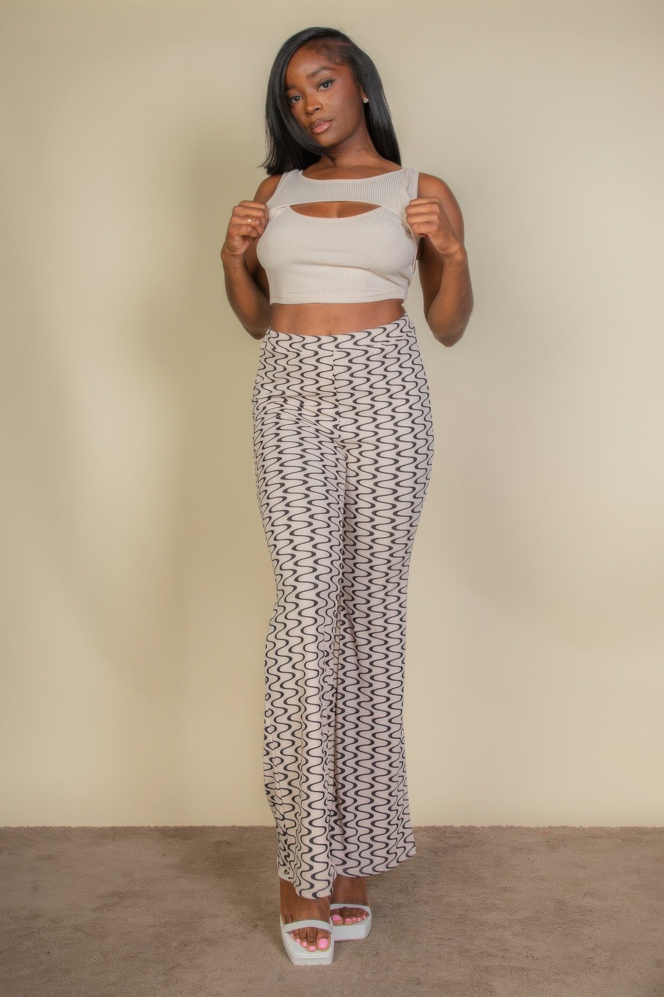 Wavy Print High Waist Flare Pants