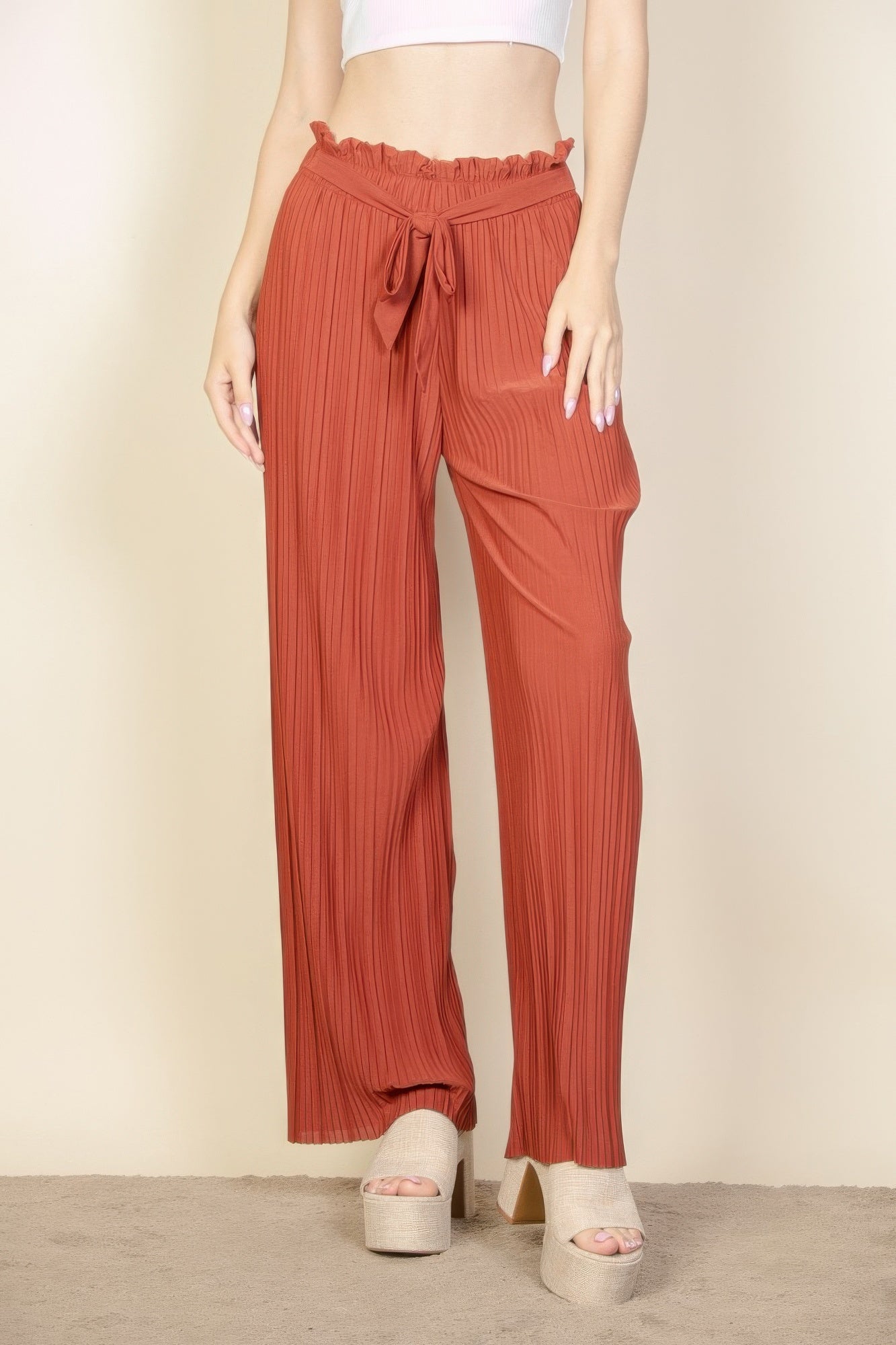 Pleated Stretch Crepe Pull-on Wide Leg Tie Front Pants