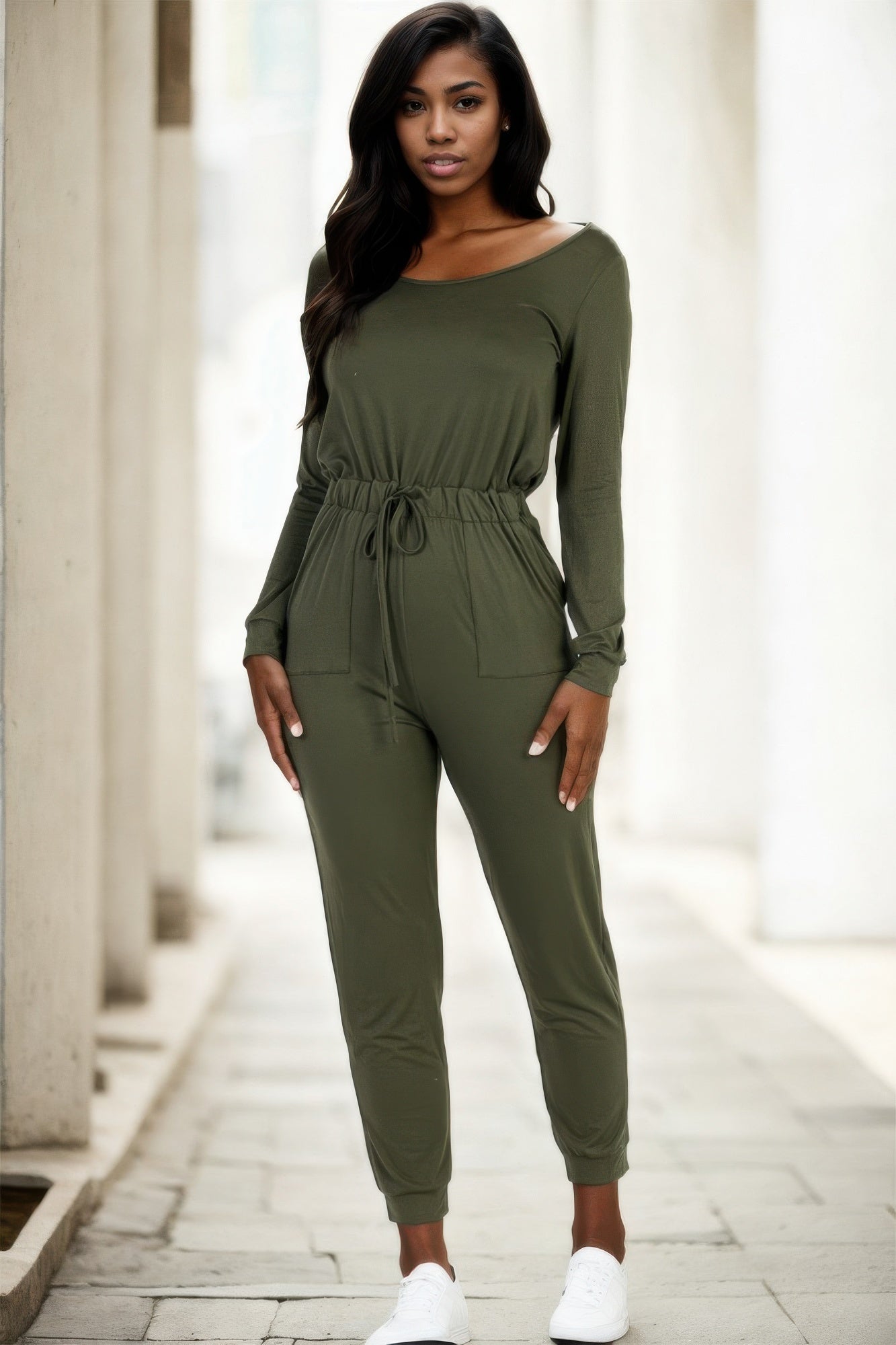 Tie Waist Long Sleeve Jumpsuit