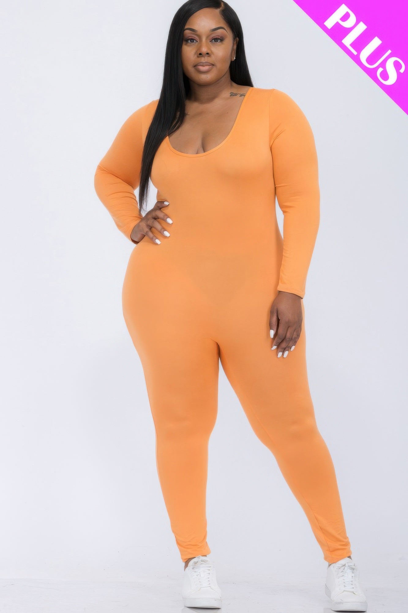 Plus Size Scoop Neck Long Sleeve Bodycon Jumpsuit