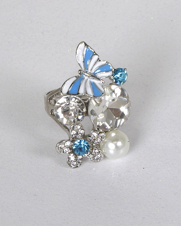 Crystal Embellished Floral and Butterfly Accented Ring