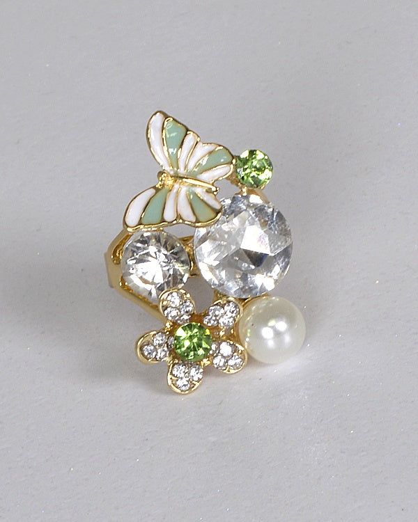 Crystal Embellished Floral and Butterfly Accented Ring