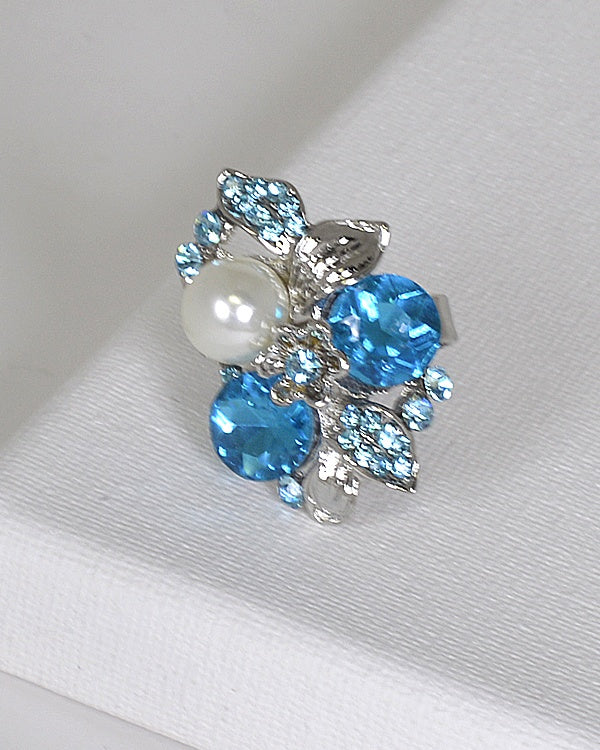 Metal Accented Rhinestone Crystal and Pearl Studded Ring
