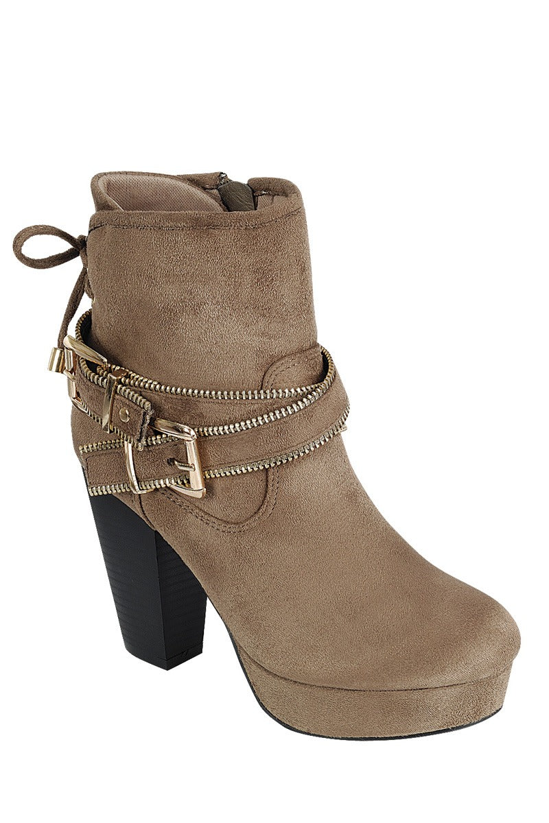 Ladies fashion ankle boot, closed almond toe, block heel, with zipper closure and buckle detail
