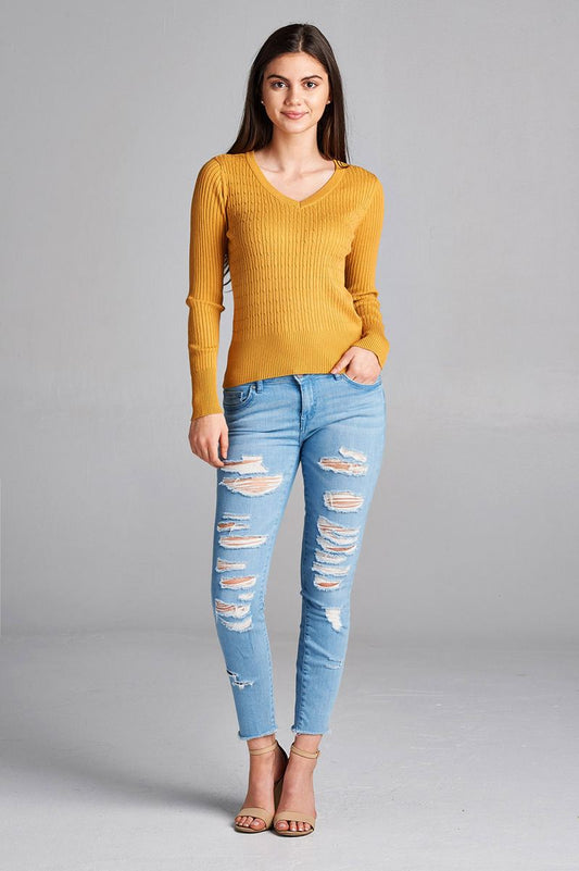Plus size long sleeve v-neck cable knit classic sweater