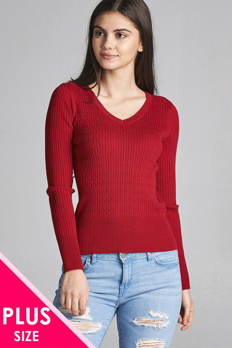 Plus size long sleeve v-neck cable knit classic sweater
