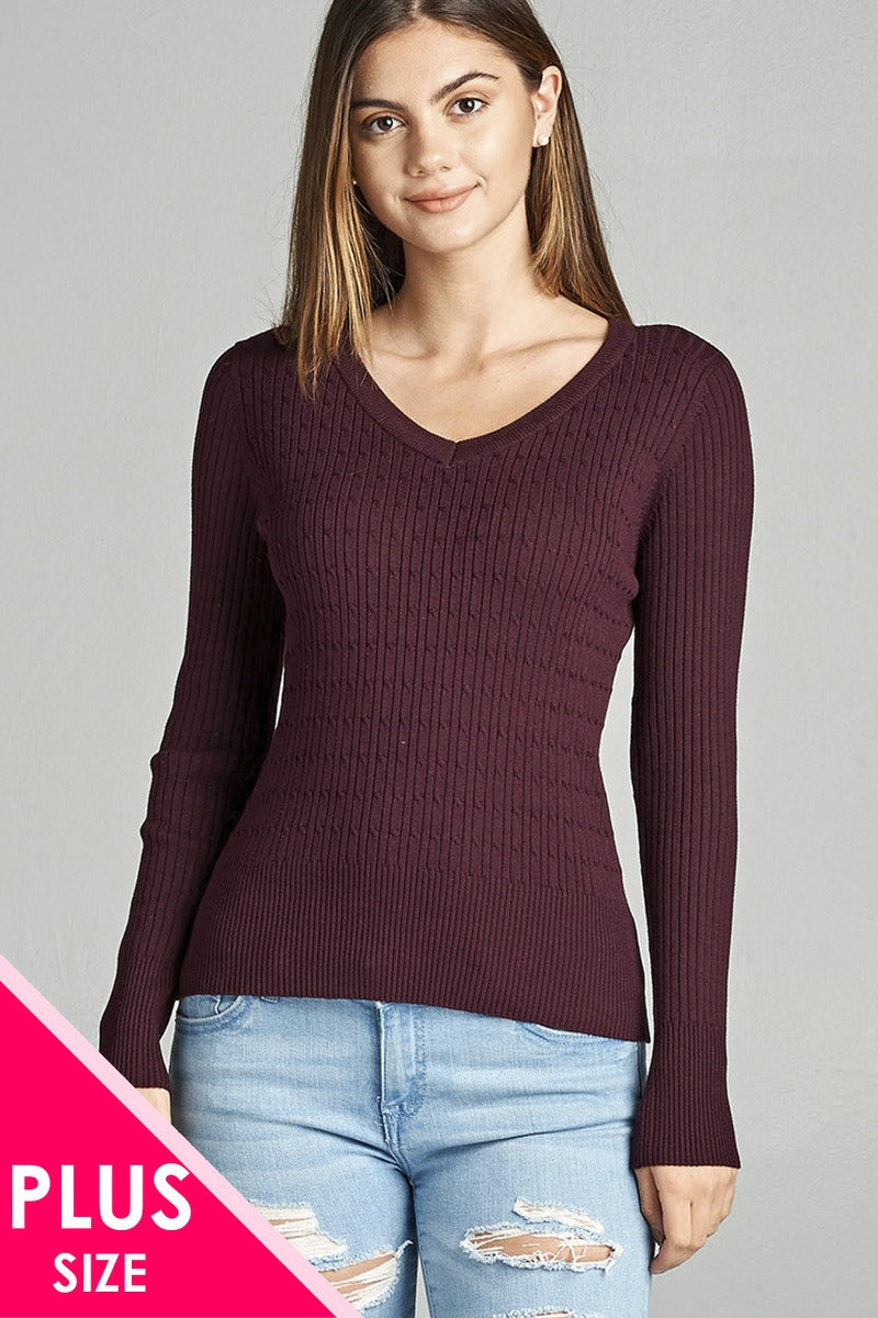 Plus size long sleeve v-neck cable knit classic sweater