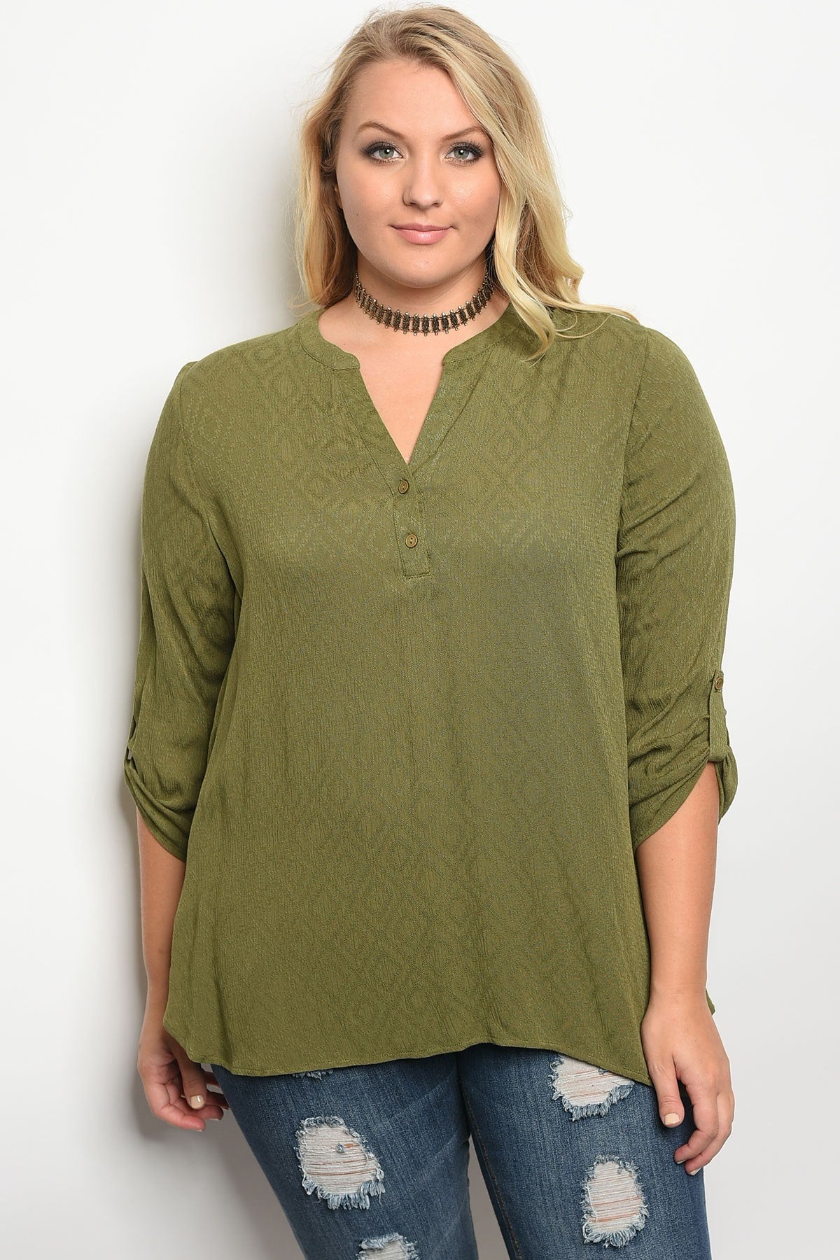 Plus size 3/4 sleeve top with a v neckline