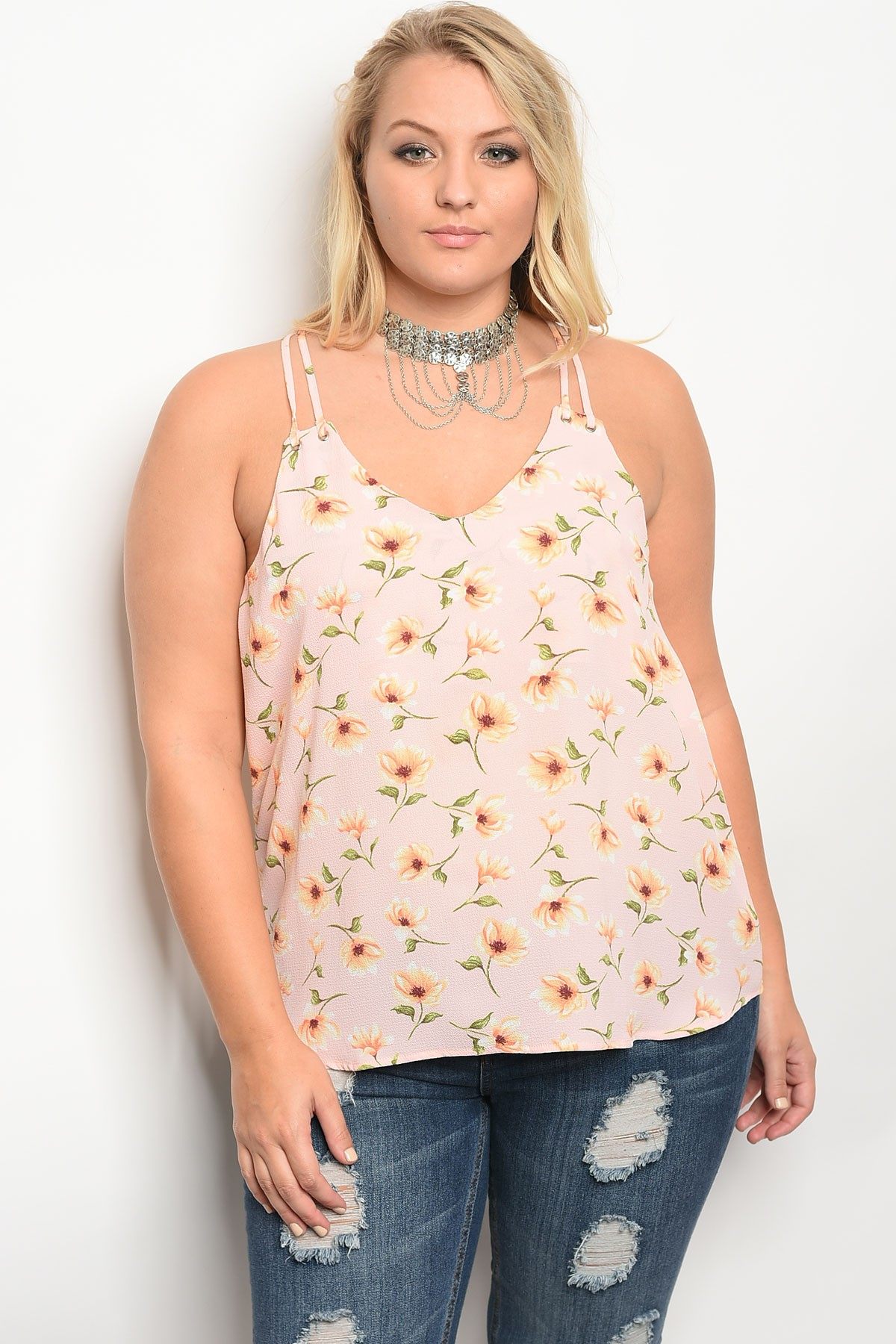 Plus size sleeveless floral print top with a v neckline