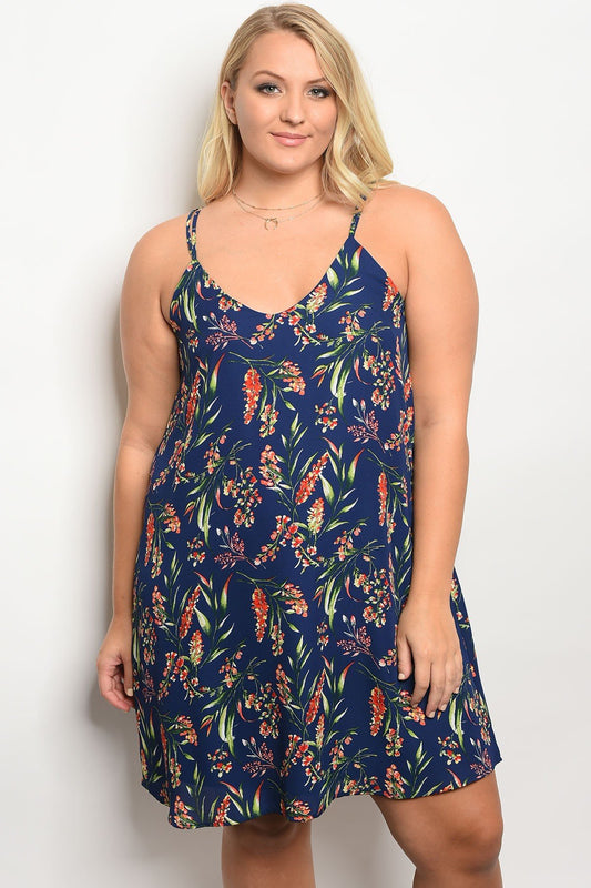 Plus size floral print slip style dress with a v neckline