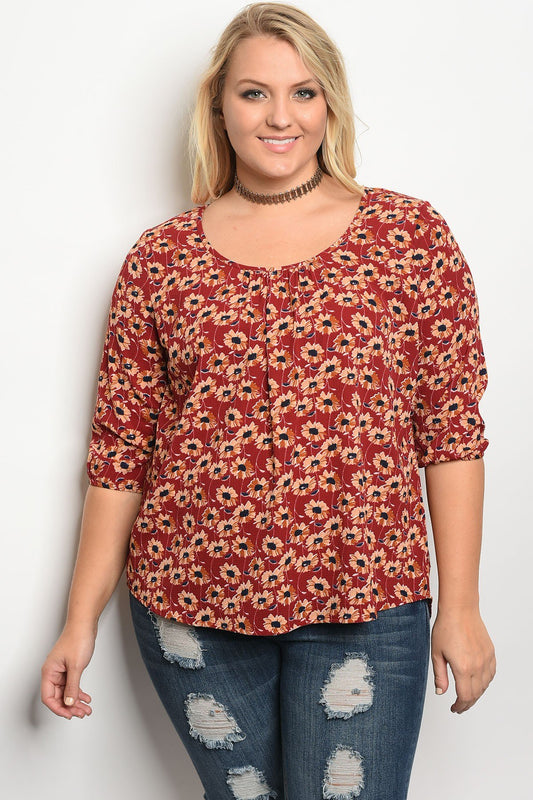 Plus size floral print scoop neck top with 3/4 sleeves