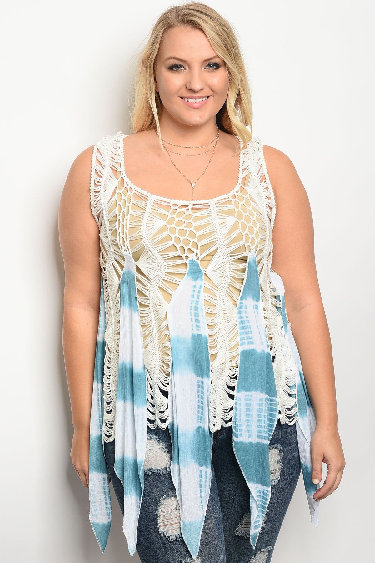 Plus size  sleeveless  relaxed fit top with crochet details