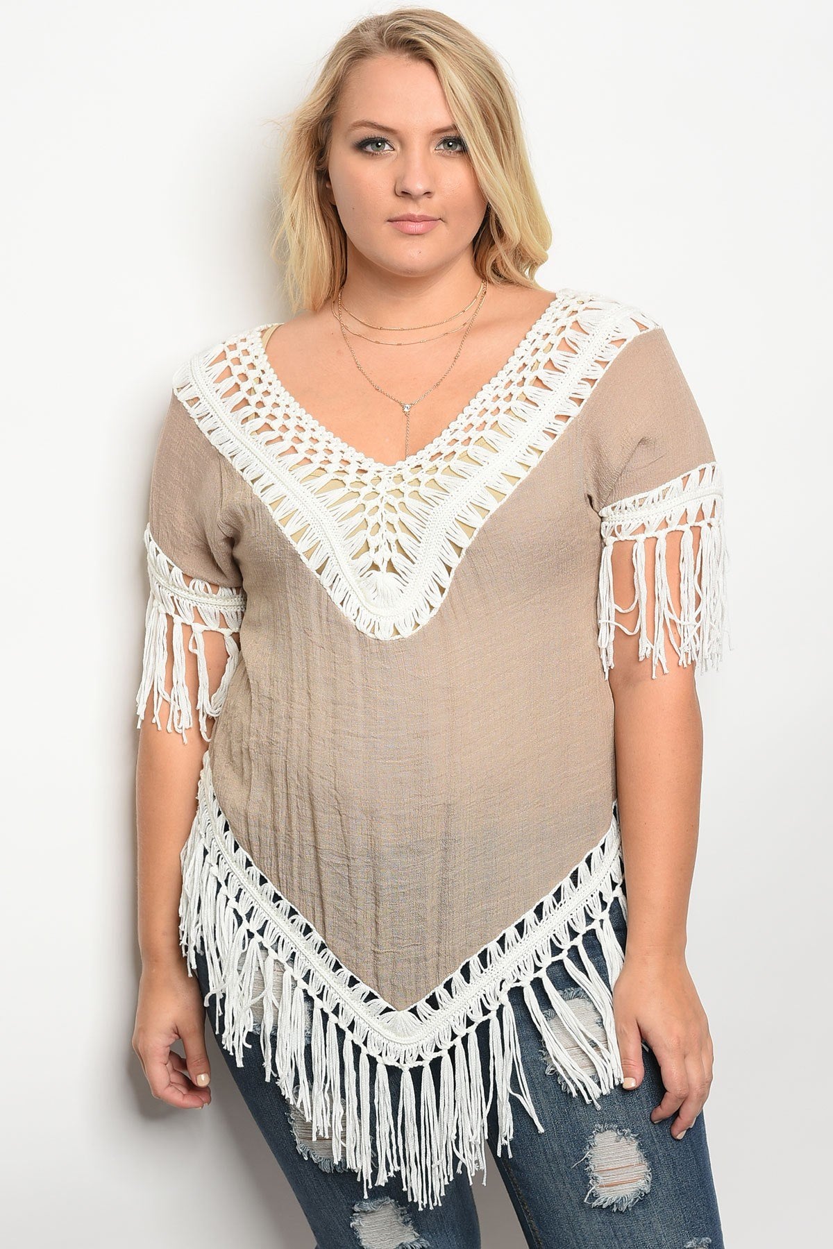 Plus size  short sleeve  relaxed fit top with crochet details